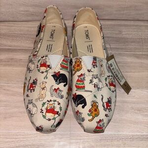 TOMS Belmont Christmas Holiday Cats Canvas Flat Shoes Slip On Womens 7